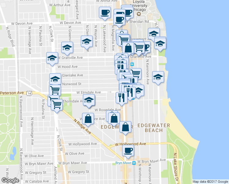 map of restaurants, bars, coffee shops, grocery stores, and more near 1228 West Elmdale Avenue in Chicago