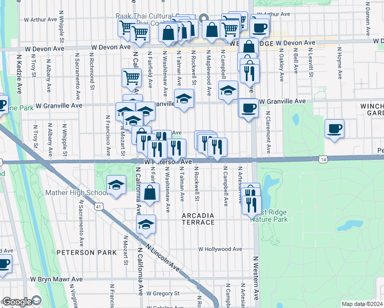 map of restaurants, bars, coffee shops, grocery stores, and more near in Chicago