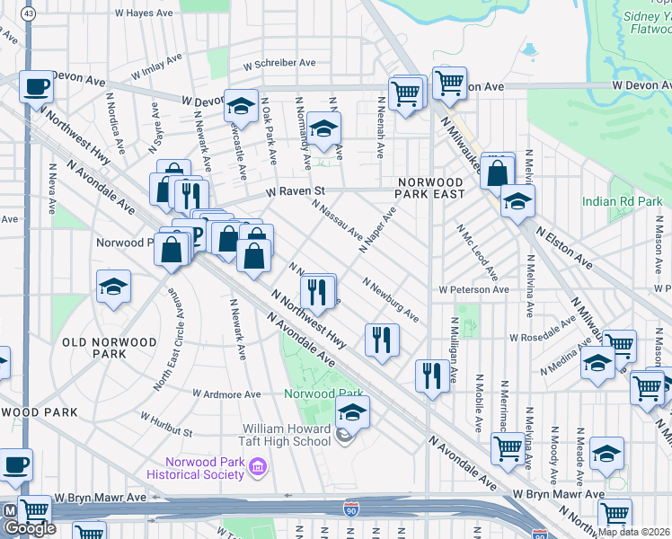 map of restaurants, bars, coffee shops, grocery stores, and more near 6058 North Newburg Avenue in Chicago