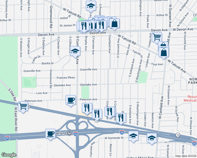 map of restaurants, bars, coffee shops, grocery stores, and more near 1529 South Prospect Avenue in Park Ridge