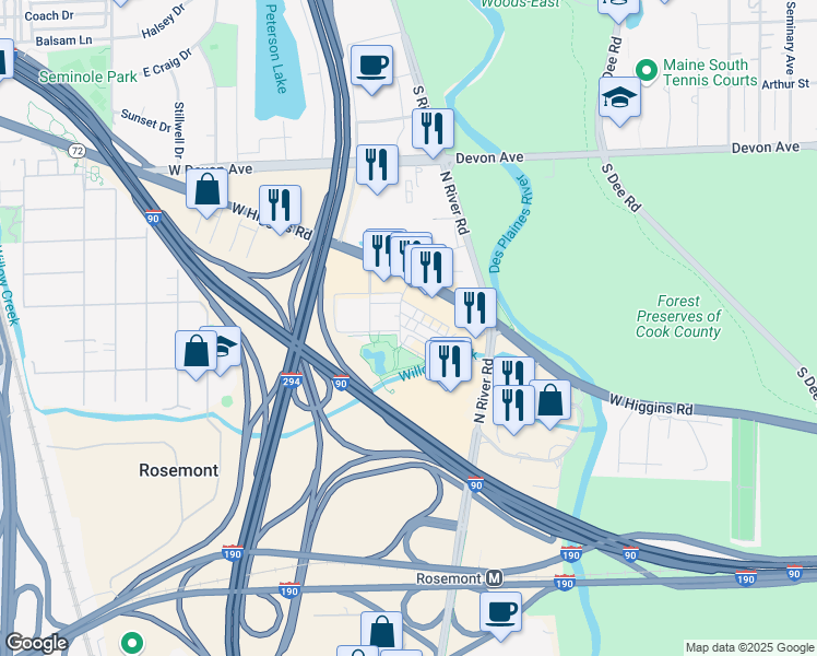 map of restaurants, bars, coffee shops, grocery stores, and more near 9456 Maple Drive in Rosemont