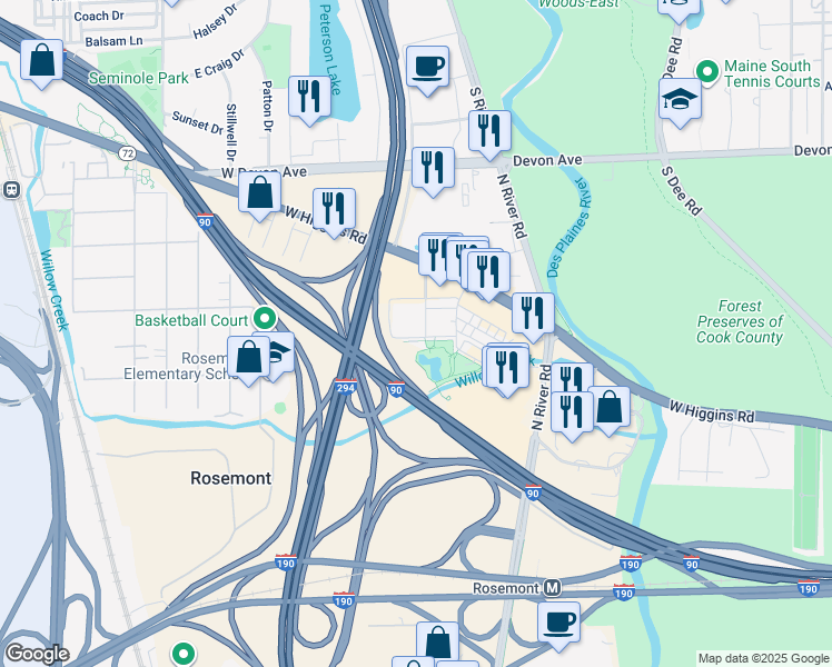 map of restaurants, bars, coffee shops, grocery stores, and more near 9595 Maple Drive in Rosemont