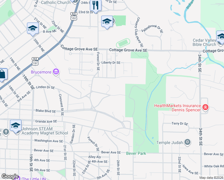 map of restaurants, bars, coffee shops, grocery stores, and more near 2320 Linden Drive Southeast in Cedar Rapids