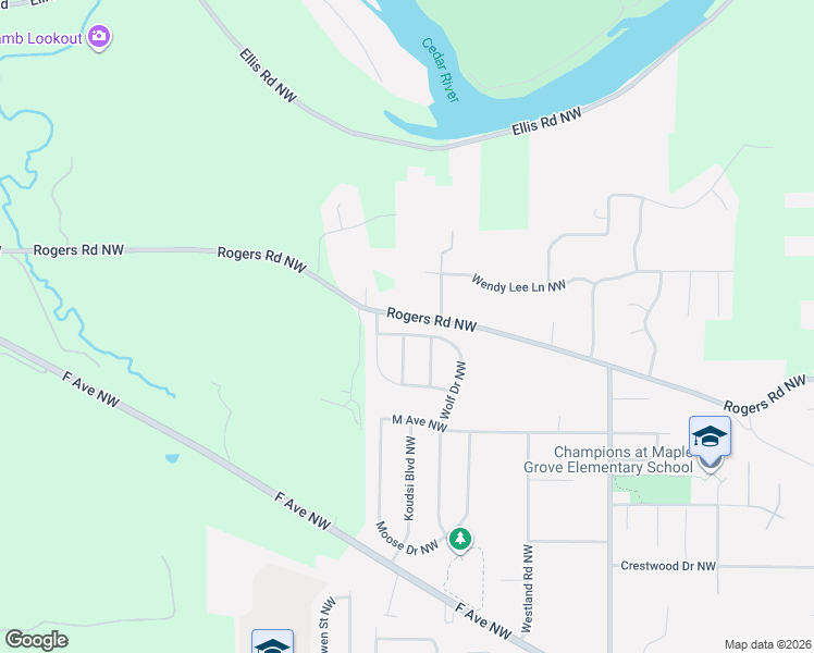 map of restaurants, bars, coffee shops, grocery stores, and more near 1703 Wolf Drive Northwest in Cedar Rapids