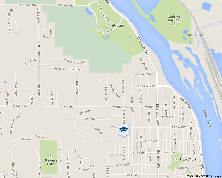 map of restaurants, bars, coffee shops, grocery stores, and more near 1674 Valley Street Northwest in Cedar Rapids