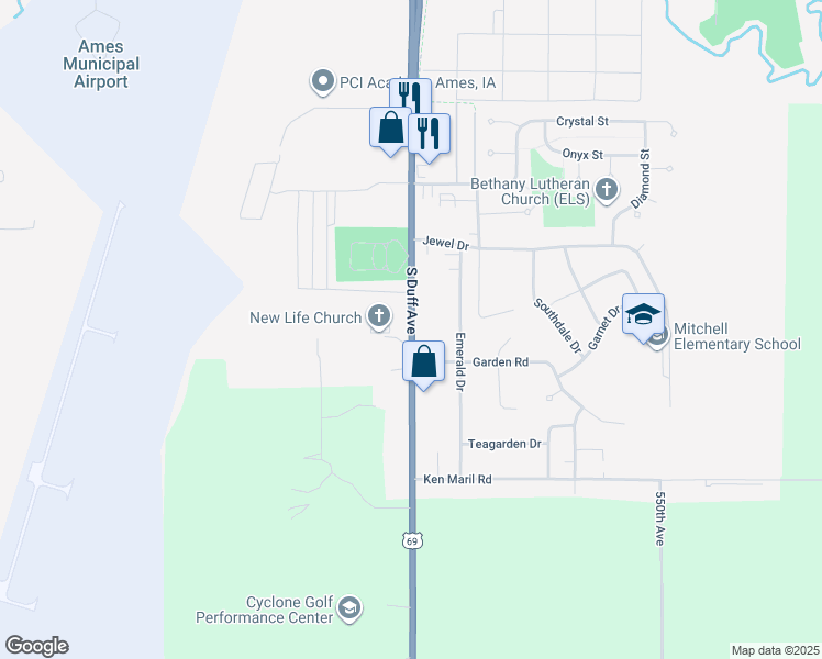 map of restaurants, bars, coffee shops, grocery stores, and more near 3499 South Duff Avenue in Ames