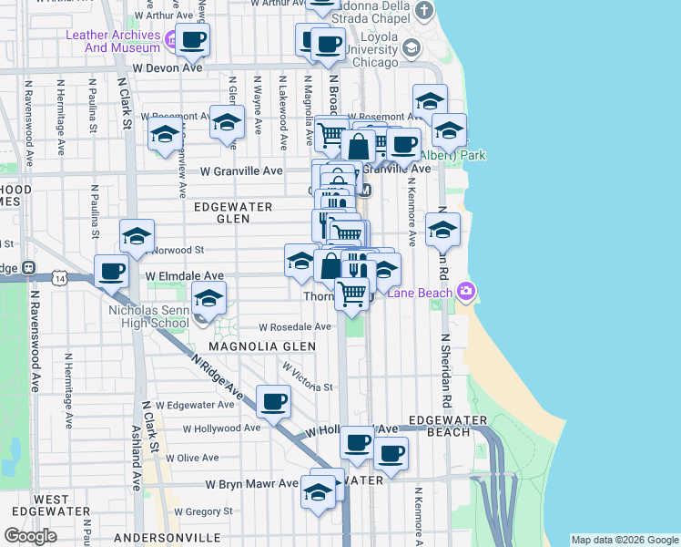 map of restaurants, bars, coffee shops, grocery stores, and more near N Broadway St & W Elmdale Ave in Chicago