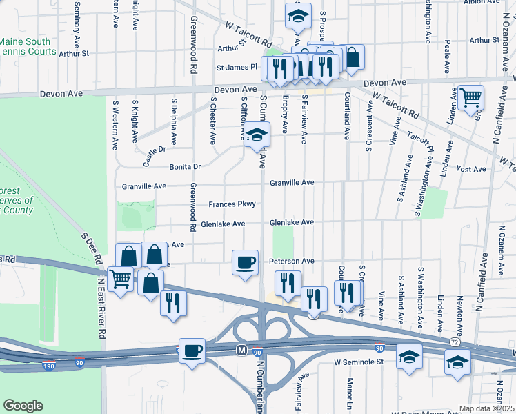 map of restaurants, bars, coffee shops, grocery stores, and more near 1526 South Cumberland Avenue in Park Ridge