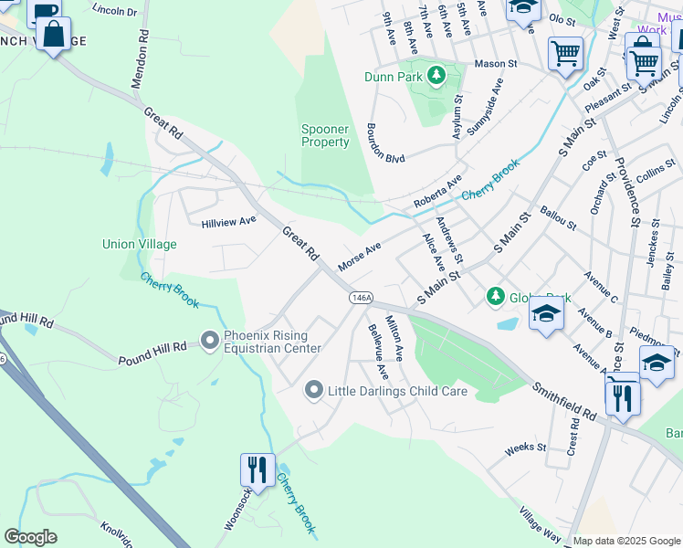 map of restaurants, bars, coffee shops, grocery stores, and more near 101 Rhode Island 146A in North Smithfield