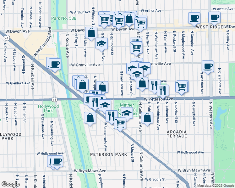 map of restaurants, bars, coffee shops, grocery stores, and more near in Chicago