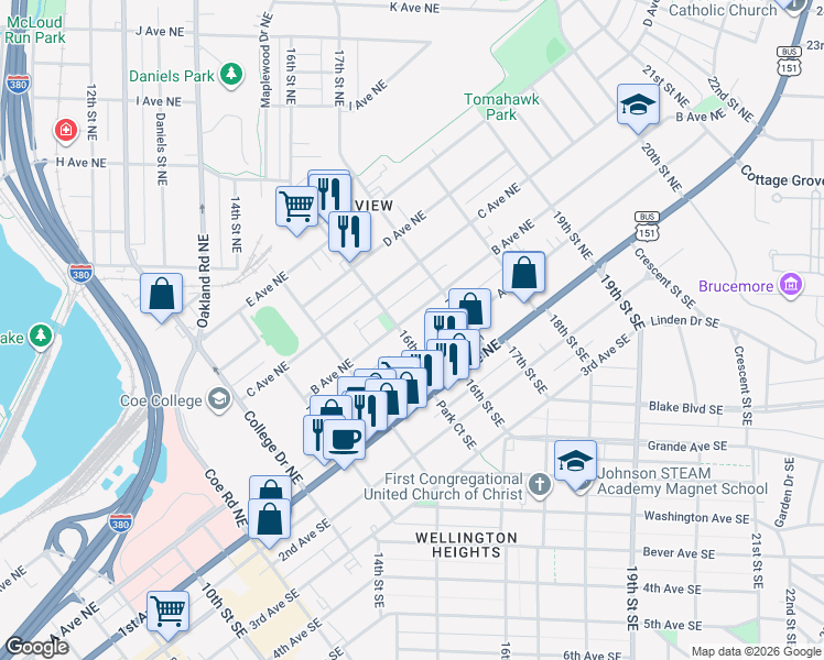 map of restaurants, bars, coffee shops, grocery stores, and more near 1605 B Ave NE in Cedar Rapids