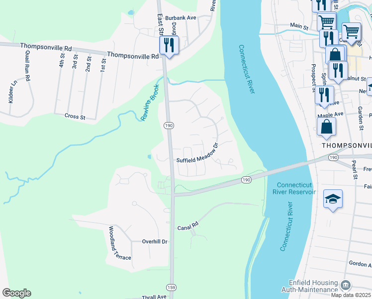 map of restaurants, bars, coffee shops, grocery stores, and more near 13 Pebblestone Circle in Suffield