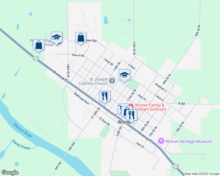 map of restaurants, bars, coffee shops, grocery stores, and more near 1301 Avenue G West in Wisner