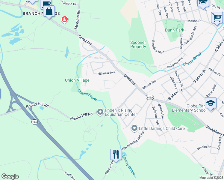 map of restaurants, bars, coffee shops, grocery stores, and more near 56 Westwood Rd in North Smithfield