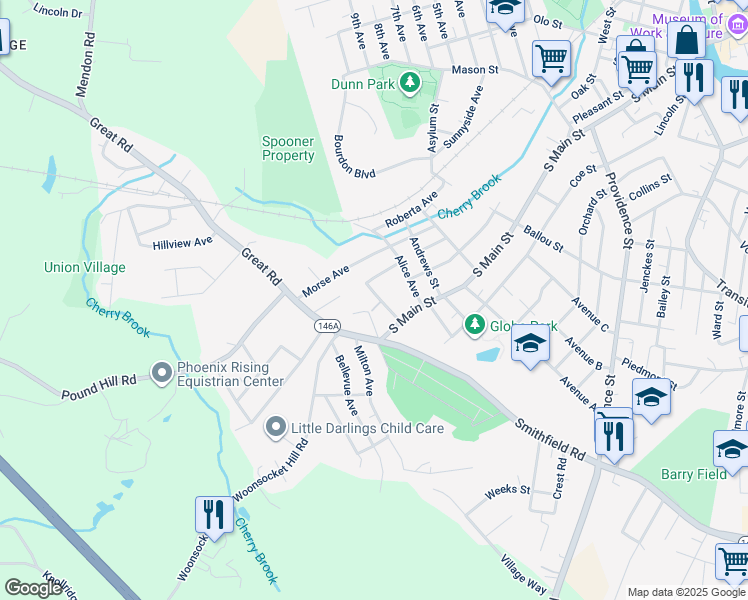 map of restaurants, bars, coffee shops, grocery stores, and more near 78 Pelletier Avenue in Woonsocket