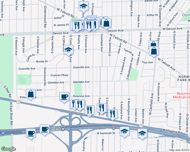 map of restaurants, bars, coffee shops, grocery stores, and more near 1529 South Prospect Avenue in Park Ridge