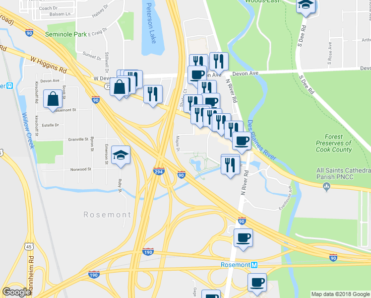 map of restaurants, bars, coffee shops, grocery stores, and more near 9595 Maple Drive in Rosemont