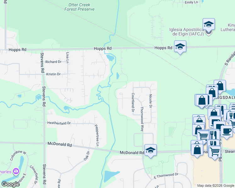 map of restaurants, bars, coffee shops, grocery stores, and more near 35 Oakview Court in South Elgin