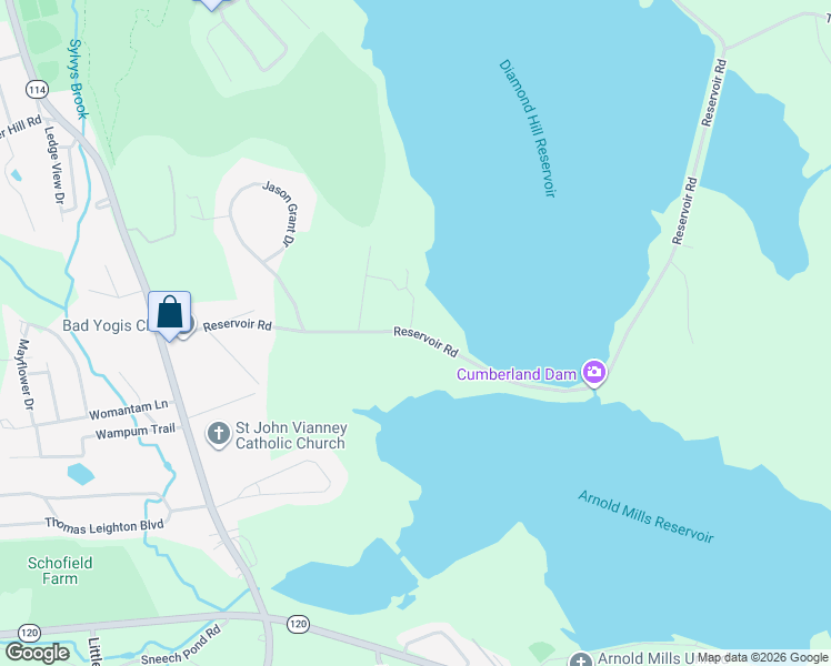 map of restaurants, bars, coffee shops, grocery stores, and more near 38 Reservoir Road in Cumberland
