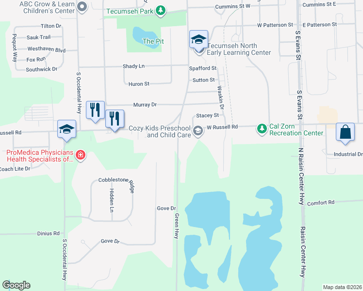 map of restaurants, bars, coffee shops, grocery stores, and more near 6953 Green Highway in Adrian