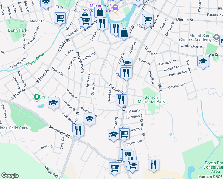 map of restaurants, bars, coffee shops, grocery stores, and more near 515 Ballou Street in Woonsocket