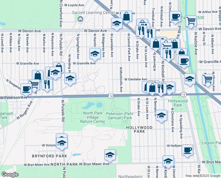 map of restaurants, bars, coffee shops, grocery stores, and more near 6024 North Lawndale Avenue in Chicago