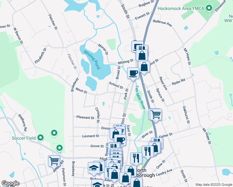 map of restaurants, bars, coffee shops, grocery stores, and more near 193 Broad Street in North Attleborough