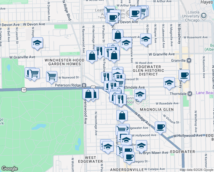 map of restaurants, bars, coffee shops, grocery stores, and more near 6003 North Paulina Street in Chicago