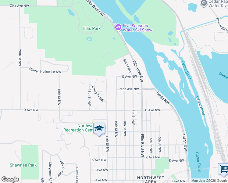 map of restaurants, bars, coffee shops, grocery stores, and more near 1660 10th Street Northwest in Cedar Rapids
