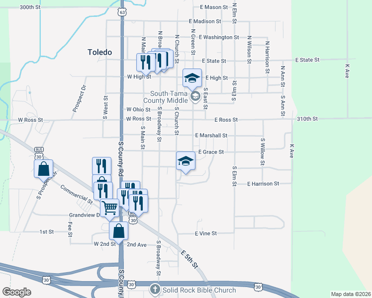 map of restaurants, bars, coffee shops, grocery stores, and more near 507-599 S Green St in Toledo