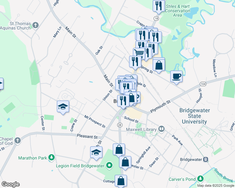 map of restaurants, bars, coffee shops, grocery stores, and more near 54 Main Street in Bridgewater