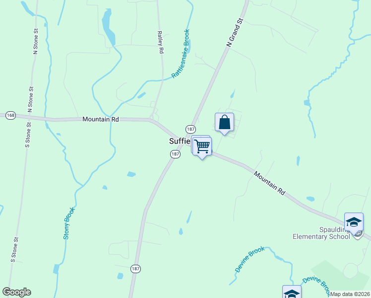 map of restaurants, bars, coffee shops, grocery stores, and more near 0 South Grand Street in Suffield