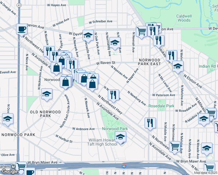 map of restaurants, bars, coffee shops, grocery stores, and more near 6035 North Navarre Avenue in Chicago