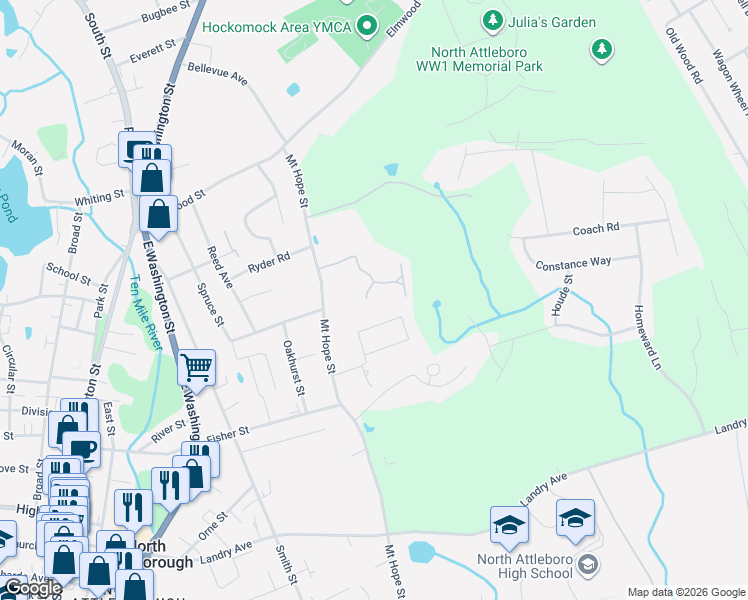 map of restaurants, bars, coffee shops, grocery stores, and more near 10 Narcissus Court in North Attleborough