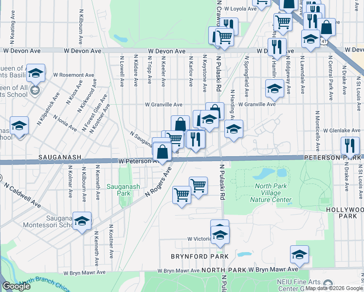 map of restaurants, bars, coffee shops, grocery stores, and more near 6027 North Kedvale Avenue in Chicago