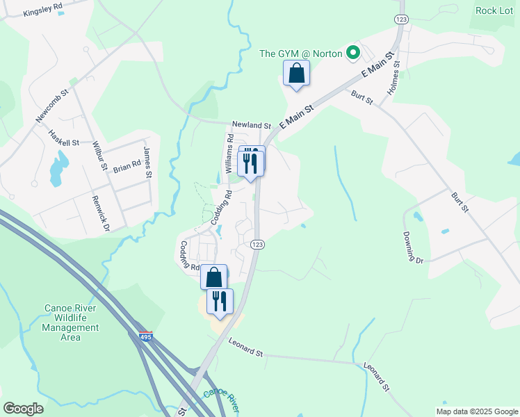 map of restaurants, bars, coffee shops, grocery stores, and more near 285 East Main Street in Norton