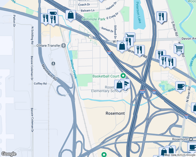 map of restaurants, bars, coffee shops, grocery stores, and more near 6128 Hawthorne Street in Rosemont