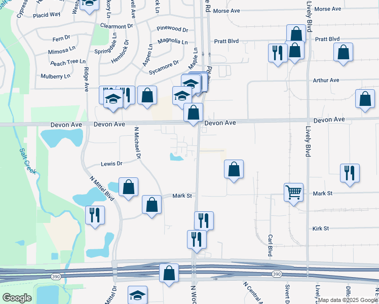 map of restaurants, bars, coffee shops, grocery stores, and more near 1453 Blackhawk Circle in Wood Dale