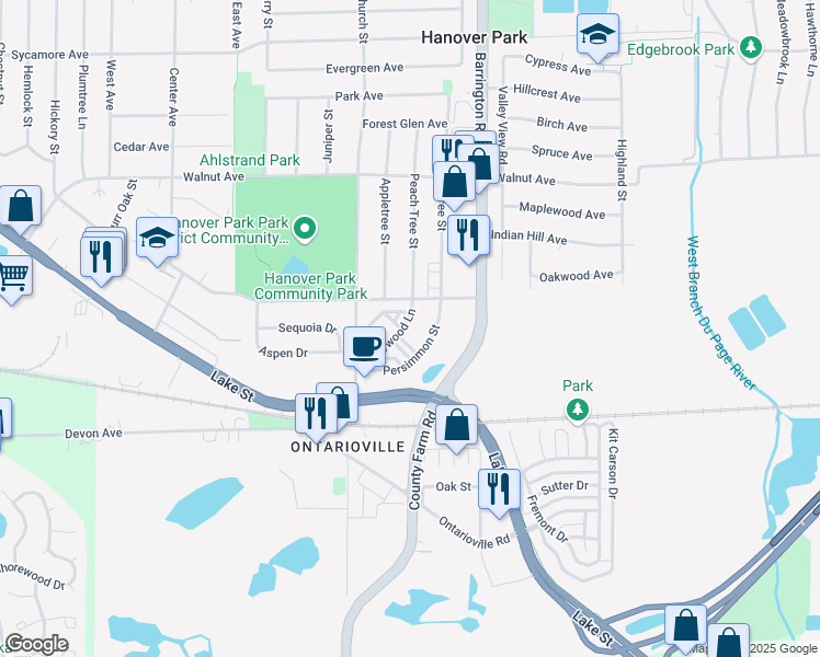 map of restaurants, bars, coffee shops, grocery stores, and more near 1649 Dogwood Lane in Hanover Park