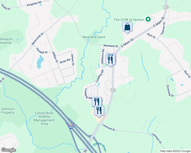 map of restaurants, bars, coffee shops, grocery stores, and more near 27 Owen Road in Norton