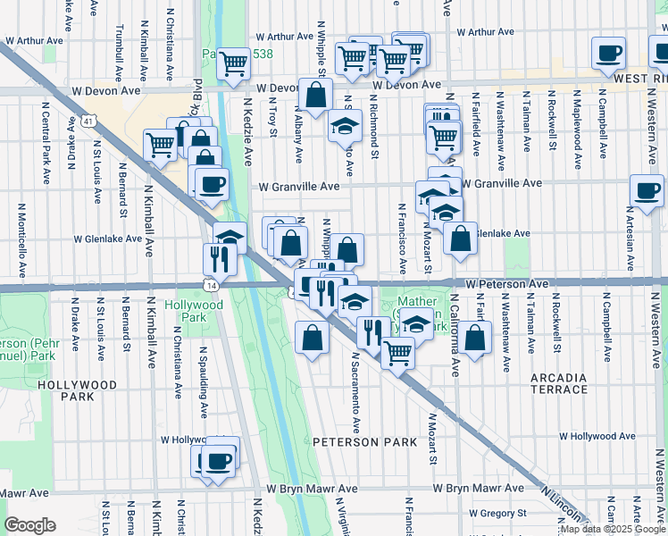 map of restaurants, bars, coffee shops, grocery stores, and more near 6019 North Whipple Street in Chicago
