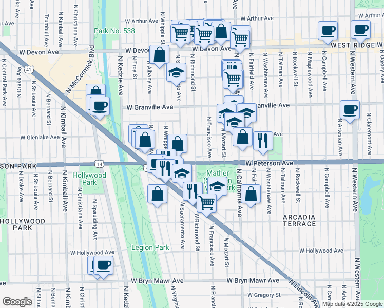 map of restaurants, bars, coffee shops, grocery stores, and more near 6018 North Richmond Street in Chicago