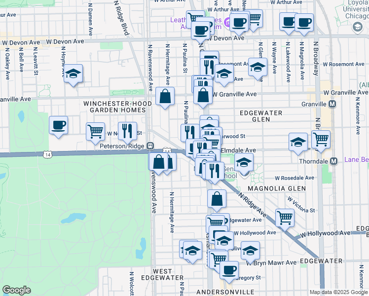 map of restaurants, bars, coffee shops, grocery stores, and more near 6004 North Paulina Street in Chicago