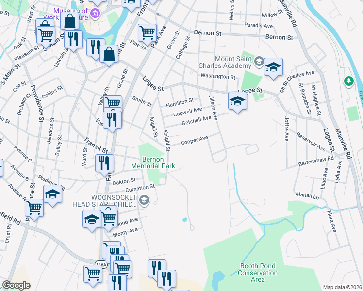 map of restaurants, bars, coffee shops, grocery stores, and more near 105 Cooper Avenue in Woonsocket