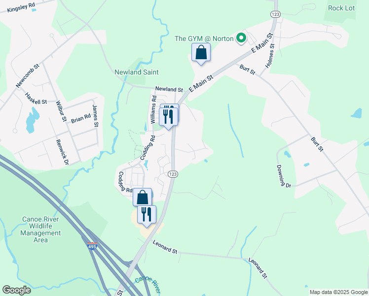 map of restaurants, bars, coffee shops, grocery stores, and more near 285 East Main Street in Norton