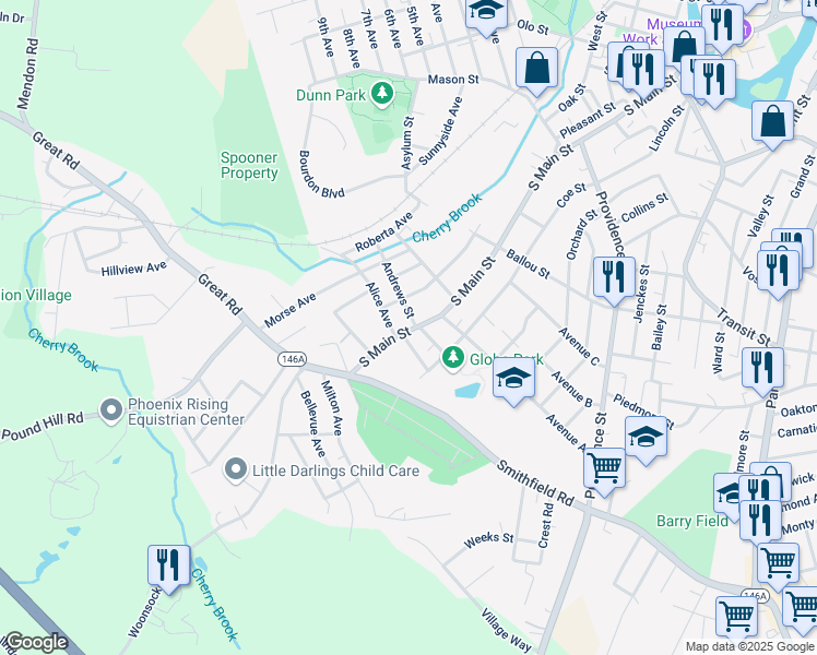 map of restaurants, bars, coffee shops, grocery stores, and more near 582 South Main Street in Woonsocket