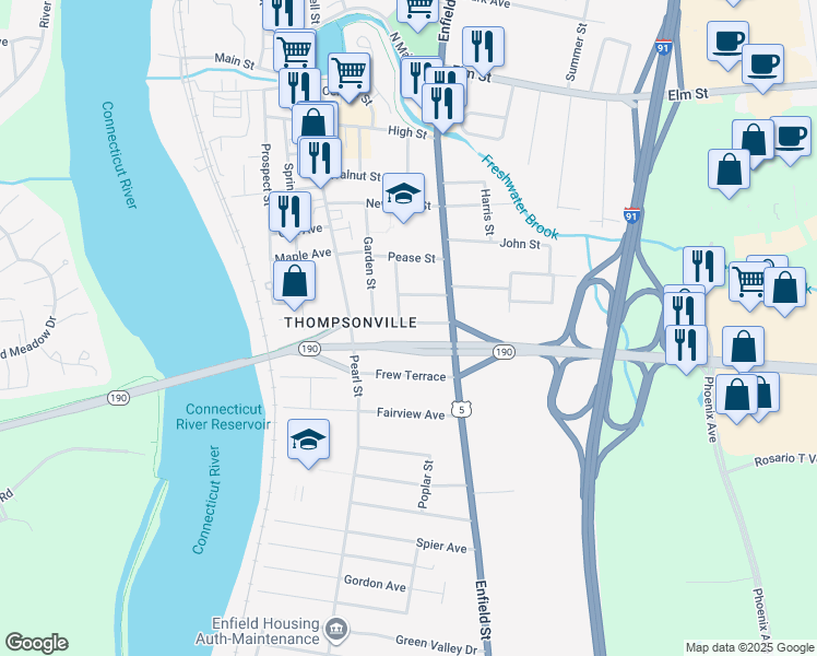map of restaurants, bars, coffee shops, grocery stores, and more near 36 Franklin Street in Enfield