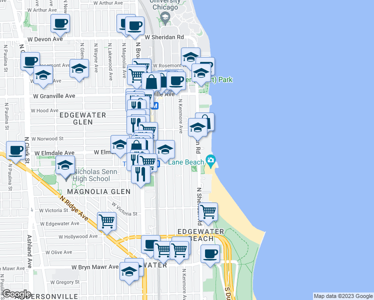 map of restaurants, bars, coffee shops, grocery stores, and more near 6002 North Kenmore Avenue in Chicago