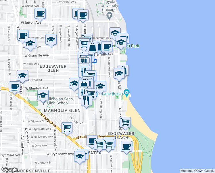 map of restaurants, bars, coffee shops, grocery stores, and more near 6002 North Kenmore Avenue in Chicago