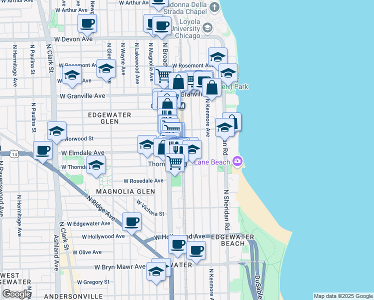 map of restaurants, bars, coffee shops, grocery stores, and more near 6002 North Winthrop Avenue in Chicago